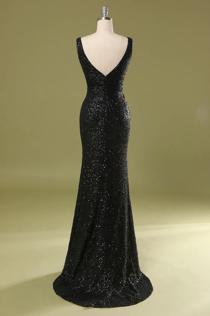 Long Black V-Neck Sequins Dress Sweep/Brush Train Dress Evening Dress