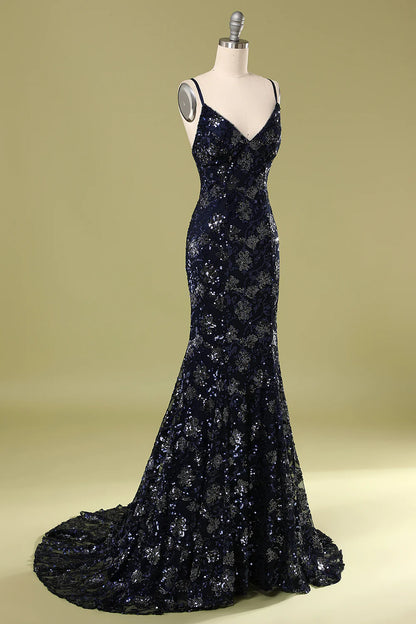 Mermaid Navy Evening Dress V-Neck Long Slip Dress with Beading Sequins