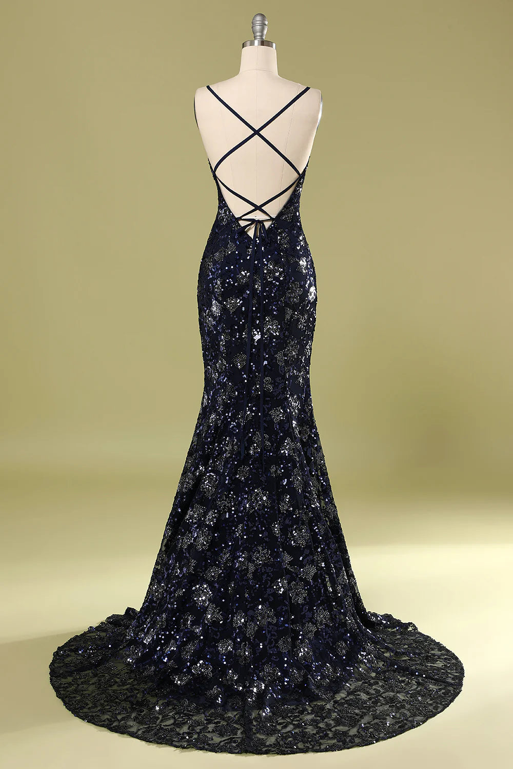 Mermaid Navy Evening Dress V-Neck Long Slip Dress with Beading Sequins