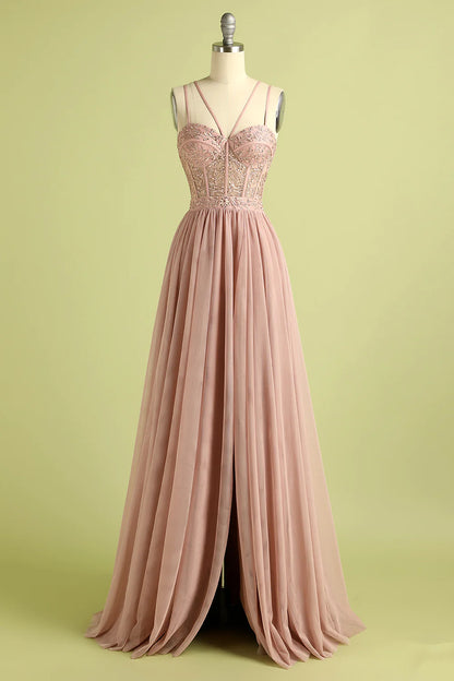 Pink Split Front Spaghetti Straps Prom Dress  Evening Dress