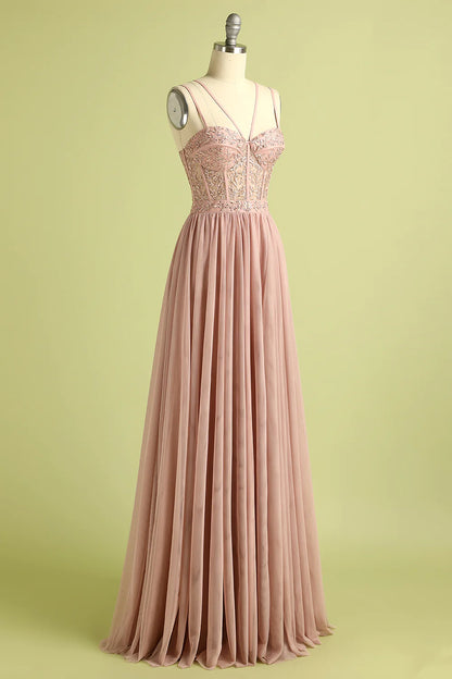 Pink Split Front Spaghetti Straps Prom Dress  Evening Dress