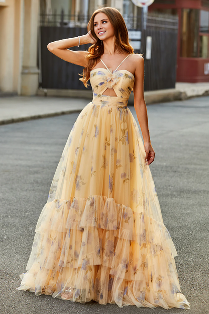 Yellow A-Line Halter Pleated Tulle Tiered Long Prom Dress With Embroidery