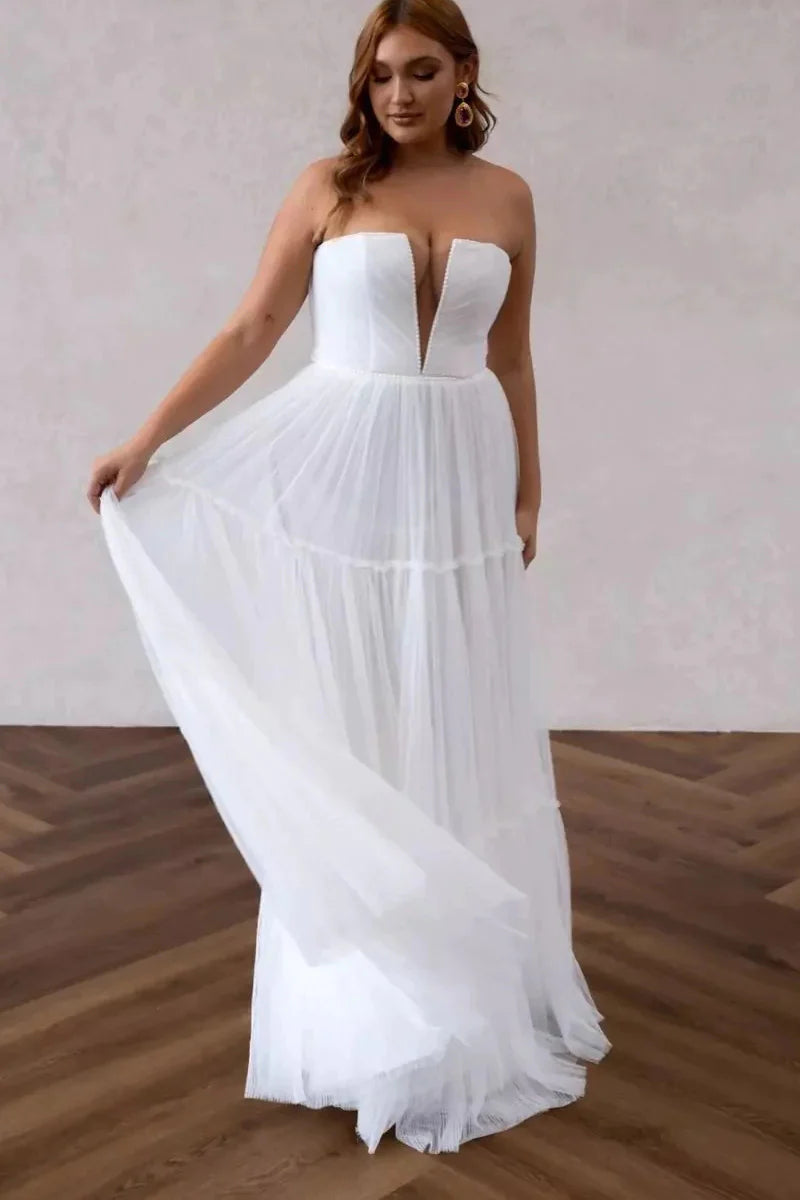 Fairy A Line V Neck Chiffon Long Wedding Dresses