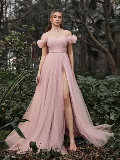 Elegant off shoulder sleeveless backless chiffon ball gown
