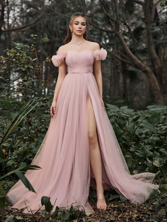 Elegant off shoulder sleeveless backless chiffon ball gown
