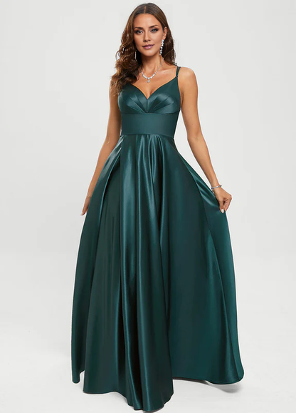 QIAIWAN Elegant Thin Shoulder Strap A-line V-neck Satin Ball Dress
