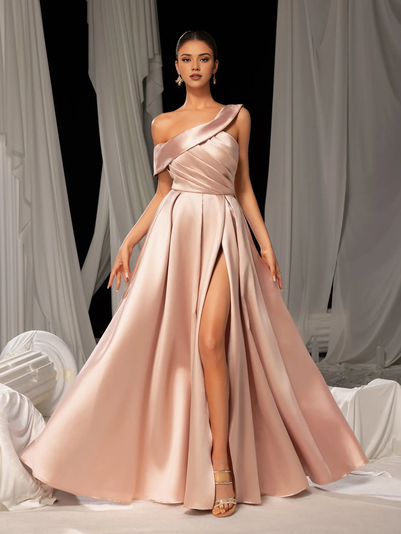 QIAIWAN Elegant One Shoulder Sleeveless A-line Satin Ball Dress