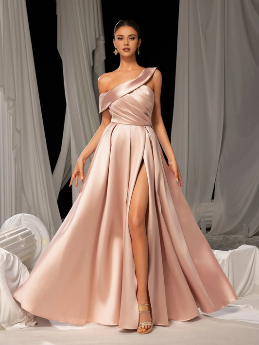 QIAIWAN Elegant One Shoulder Sleeveless A-line Satin Ball Dress