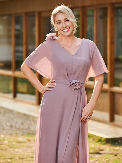 V-neck short sleeved chiffon bridal mother's dress with appliqu é - QIAIWAN Dress