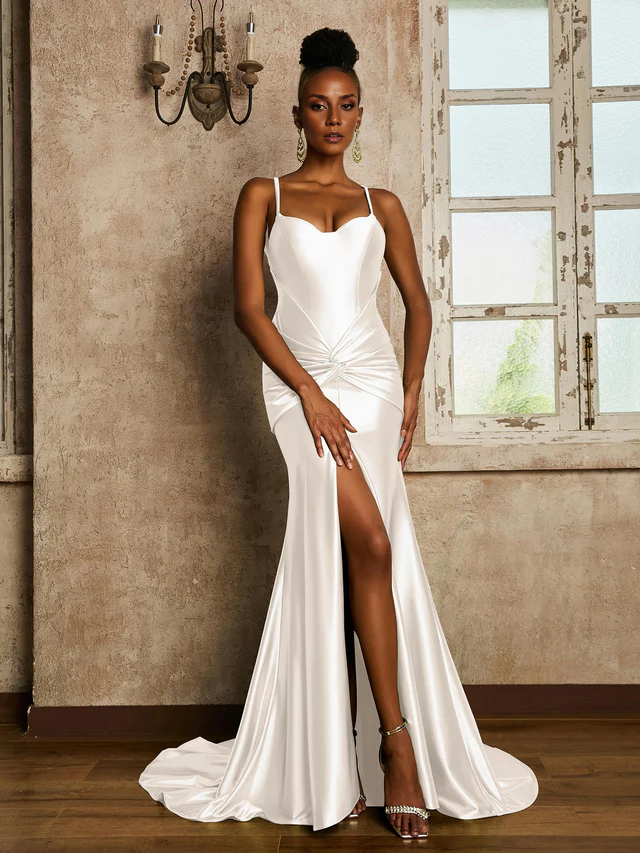 Waist pleated mermaid stretch satin Prom Dresses QIAIWAN Dress