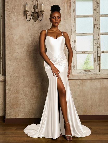 Waist pleated mermaid stretch satin Prom Dresses QIAIWAN Dress