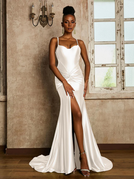 Waist pleated mermaid stretch satin Prom Dresses QIAIWAN Dress