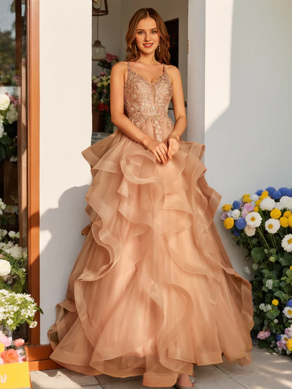 QIAIWAN Dress V-neck applique sequin chiffon ball gown