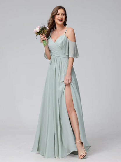 QIAIWAN Dress Chiffon V-neck A-line Split Bridesmaid Dress