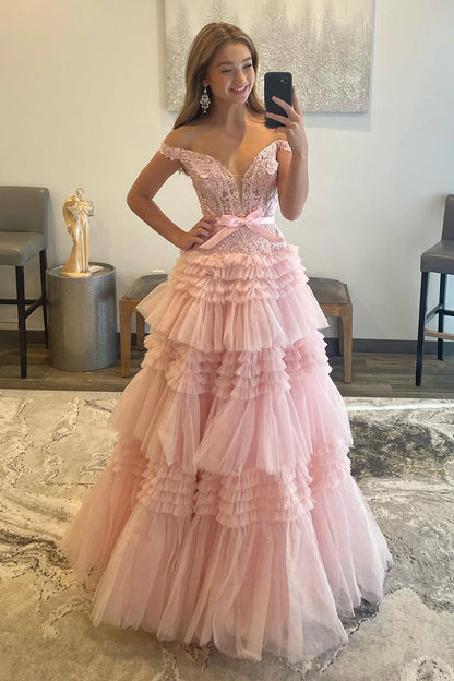 Princess A-Line Off the Shoulder Light Pink Tiered Ruffled Tulle Long Prom Dresses