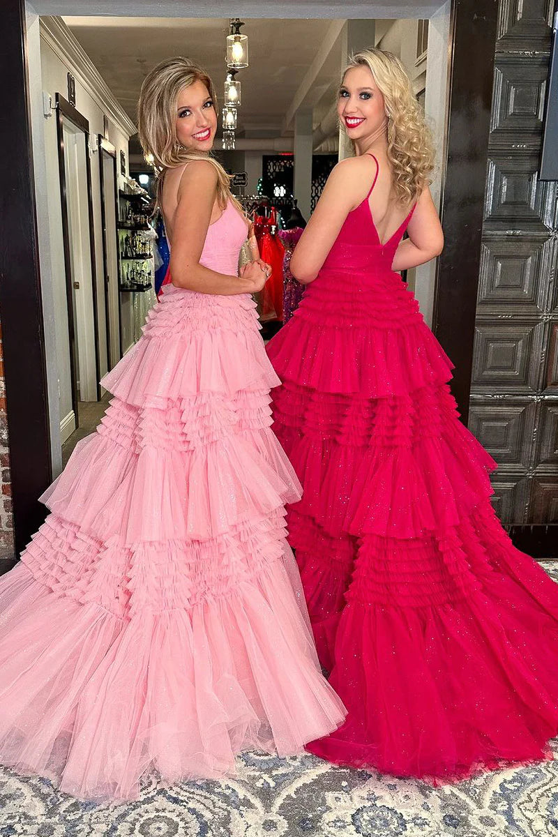 Pink V Neck Tiered Tulle Long Prom Dresses with Slit