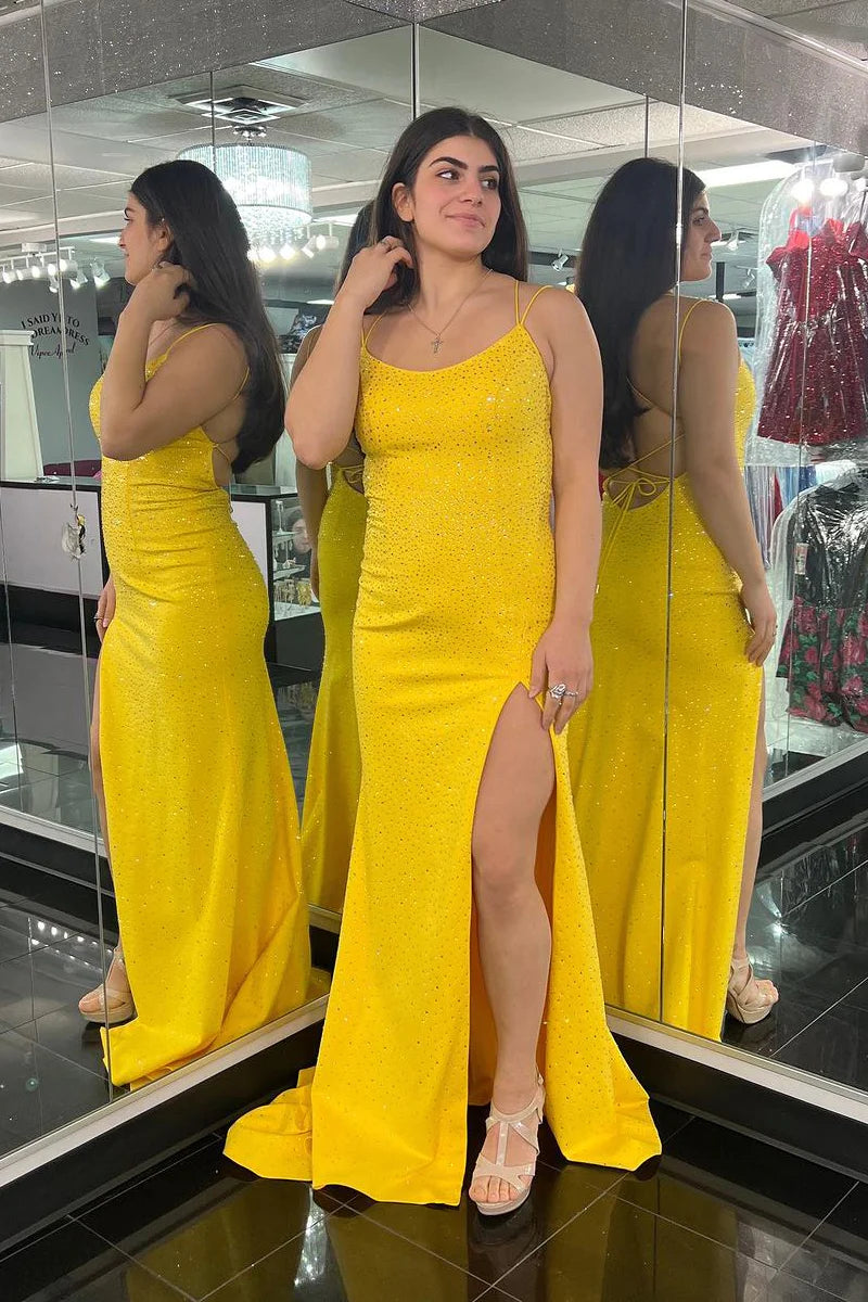 Yellow Beaded Scoop Neck Long Prom Dress with Slit