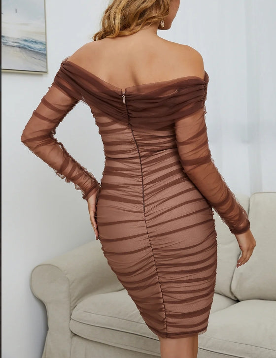 Off the Shoulder Brown Tulle Cocktail Party Dress