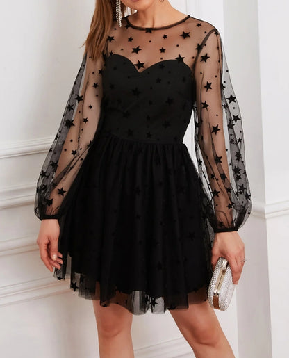 Long Sleeves Tulle Little Black See-Through Dress Cocktail Dresses