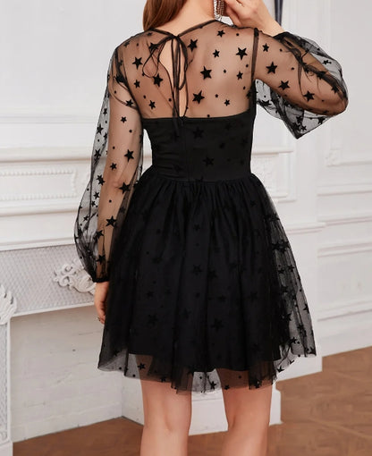 Long Sleeves Tulle Little Black See-Through Dress Cocktail Dresses