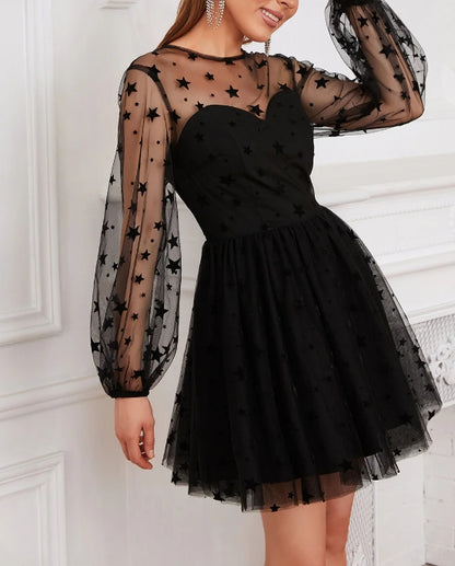 Long Sleeves Tulle Little Black See-Through Dress Cocktail Dresses