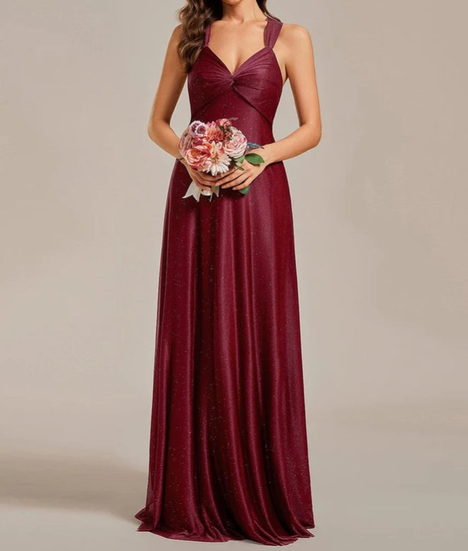 Glittery Pleated V-neck Adjustable Back Lace-Up Sleeveless Bridesmaid Dress Prom Dress