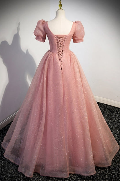 Bling Princess Ball Gown Pink Tulle Long Prom Dress with Short Sleeves