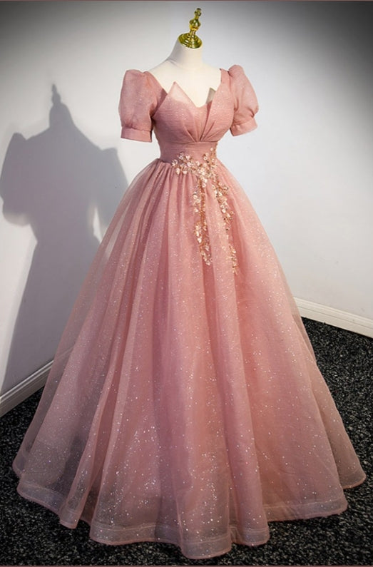 Bling Princess Ball Gown Pink Tulle Long Prom Dress with Short Sleeves