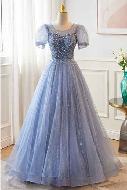 Modest Blue Bubble Sleeved Ballgown Prom Dress with Sequins