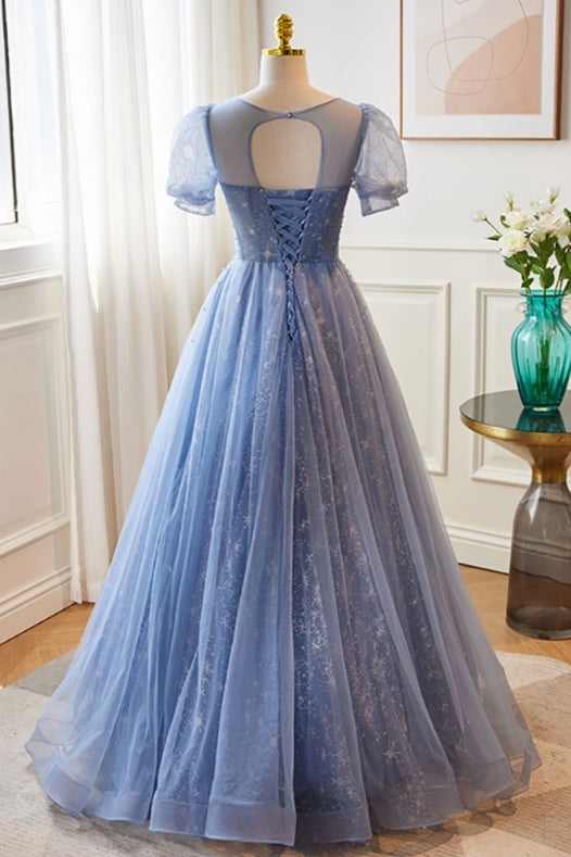 Modest Blue Bubble Sleeved Ballgown Prom Dress with Sequins