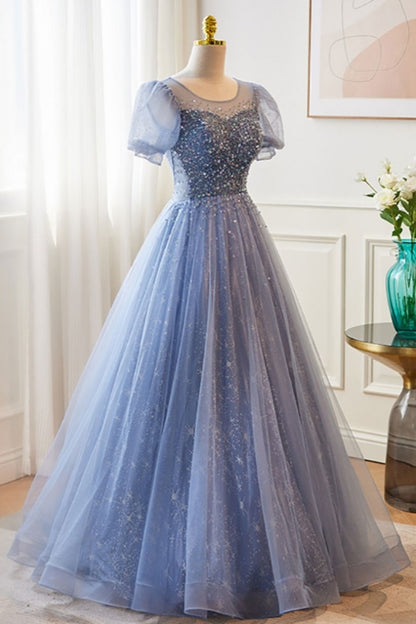 Modest Blue Bubble Sleeved Ballgown Prom Dress with Sequins