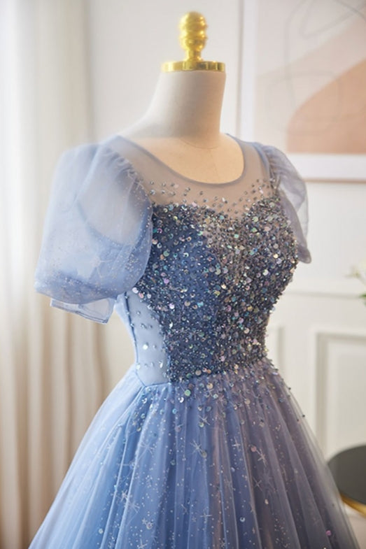 Modest Blue Bubble Sleeved Ballgown Prom Dress with Sequins