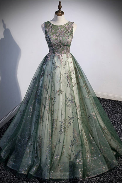 Green Tulle Sleeveless Prom Dress with Sparkly Sequins