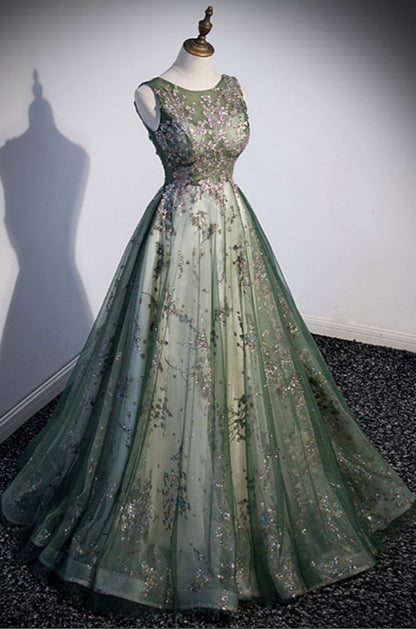 Green Tulle Sleeveless Prom Dress with Sparkly Sequins