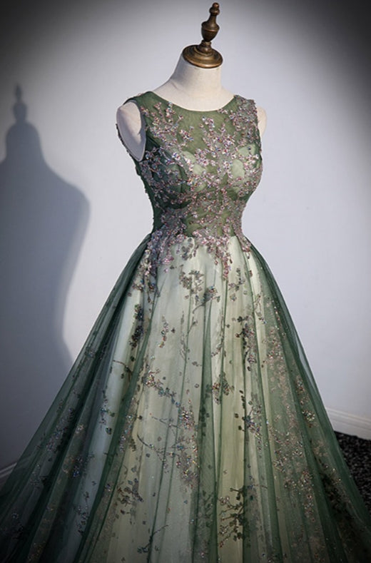 Green Tulle Sleeveless Prom Dress with Sparkly Sequins