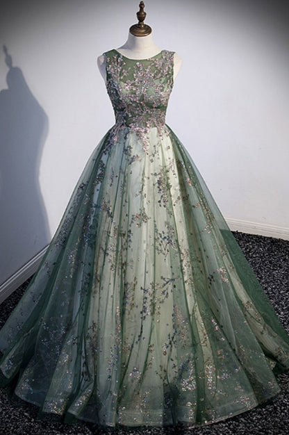 Green Tulle Sleeveless Prom Dress with Sparkly Sequins