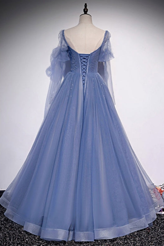 Gorgeous Formal Long Tulle Blue Prom Dress with Sleeves