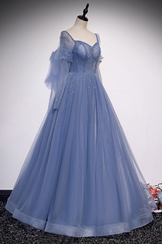 Gorgeous Formal Long Tulle Blue Prom Dress with Sleeves