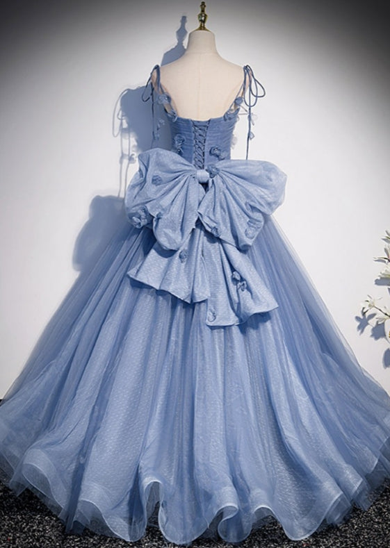 Fairytale Blue Flowers Long Tulle Ballgown Prom Dress