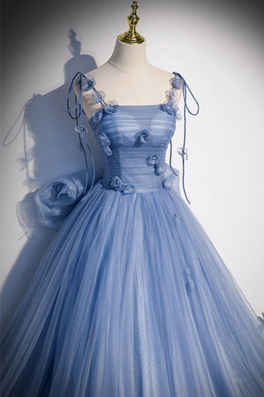 Fairytale Blue Flowers Long Tulle Ballgown Prom Dress