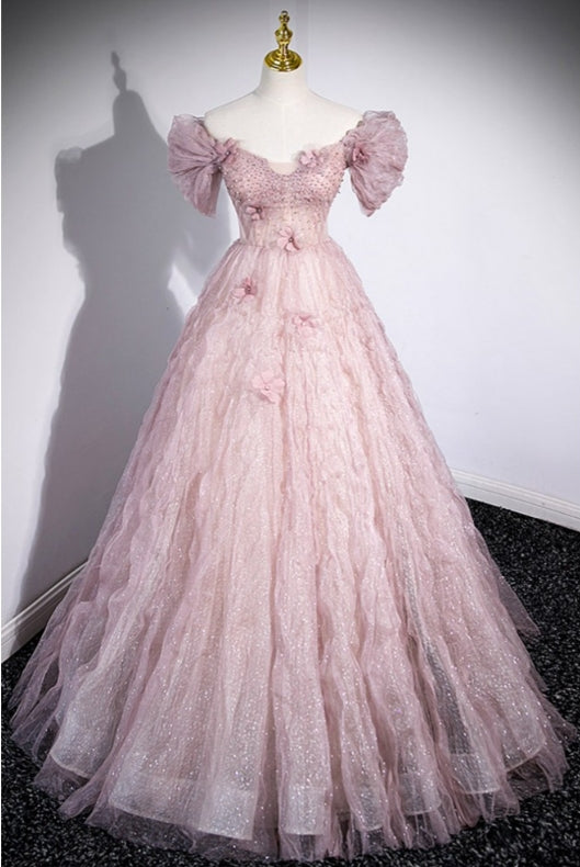 Bling Ruffled Tulle Long Ballgown Pink Prom Dress with Flowers