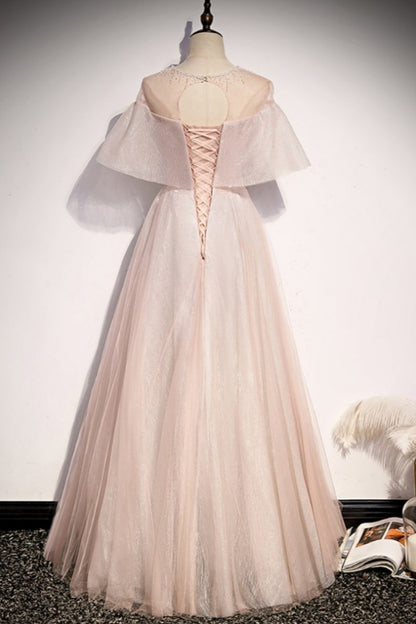 Modest Light Pink Long Prom Dress with Beaded Neckline