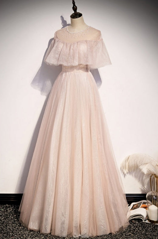 Modest Light Pink Long Prom Dress with Beaded Neckline