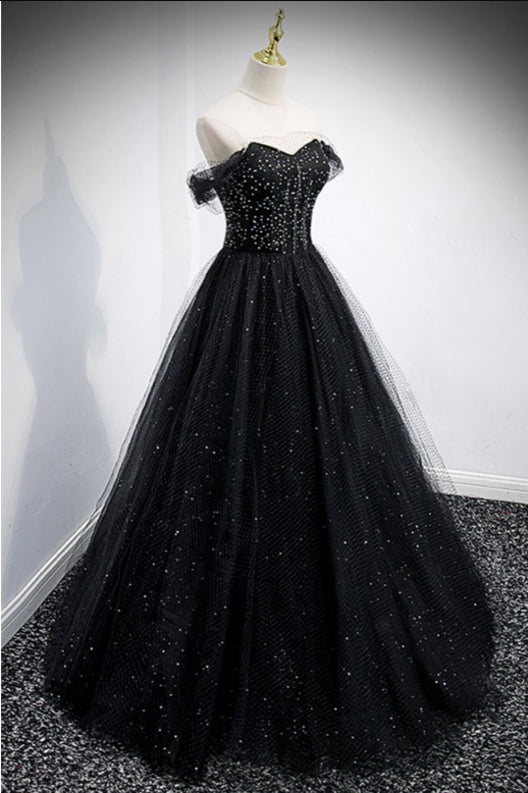 Unique Off Shoulder Black Tulle Mesh Prom Dress with Bling