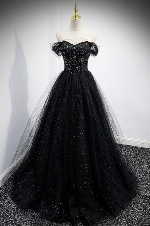 Unique Off Shoulder Black Tulle Mesh Prom Dress with Bling