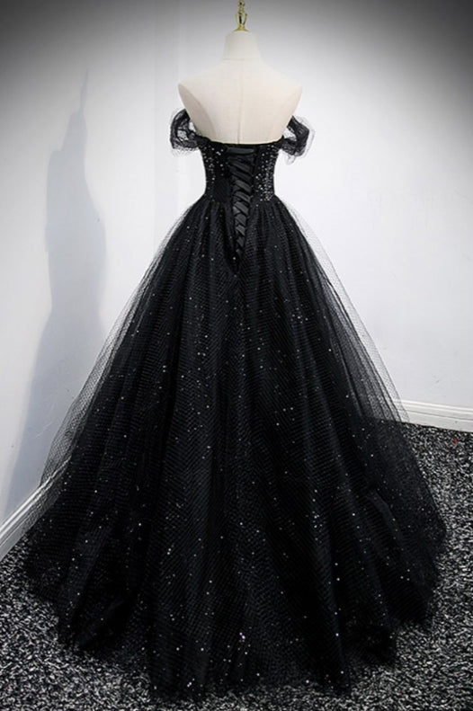 Unique Off Shoulder Black Tulle Mesh Prom Dress with Bling