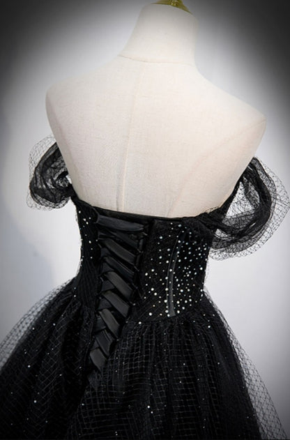 Unique Off Shoulder Black Tulle Mesh Prom Dress with Bling