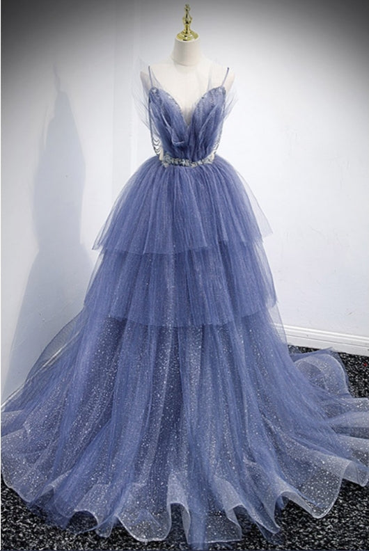 Stunning Ball Gown Ruffled V-Neck Tulle Long Prom Dress with Train