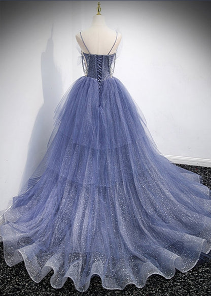 Stunning Ball Gown Ruffled V-Neck Tulle Long Prom Dress with Train