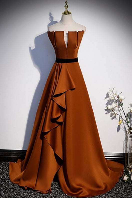 Brown Satin Strapless Elegant Ruffled Prom Dress Evening Dress